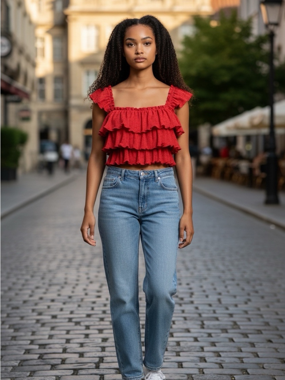 FREE PEOPLE Free-Est Ribbed Ruffle Cropped  Tier Top Fiesta Red Womens Small NEW